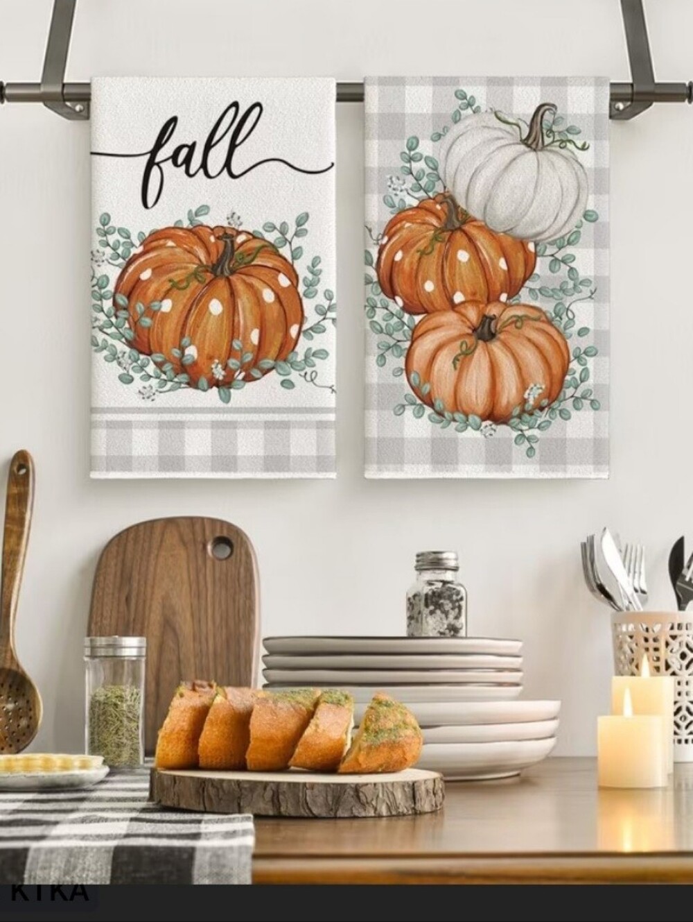 Neutral Fall Pumpkin Kitchen Towels - White & Orange